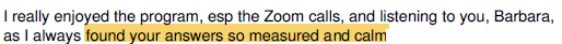 I really enjoyed the program, esp the Zoom