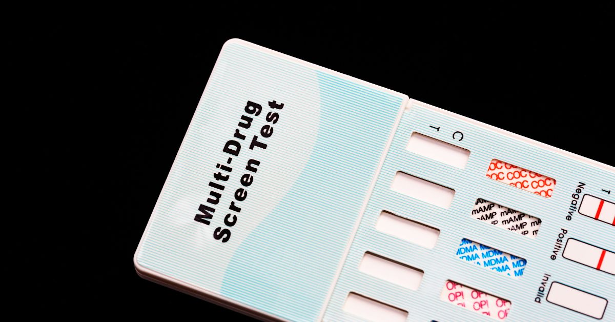 A multi drug screen test with a black background to detect substances.