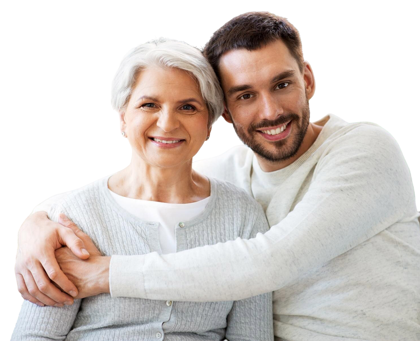 A mother and her adult son share a warm embrace — support and connection