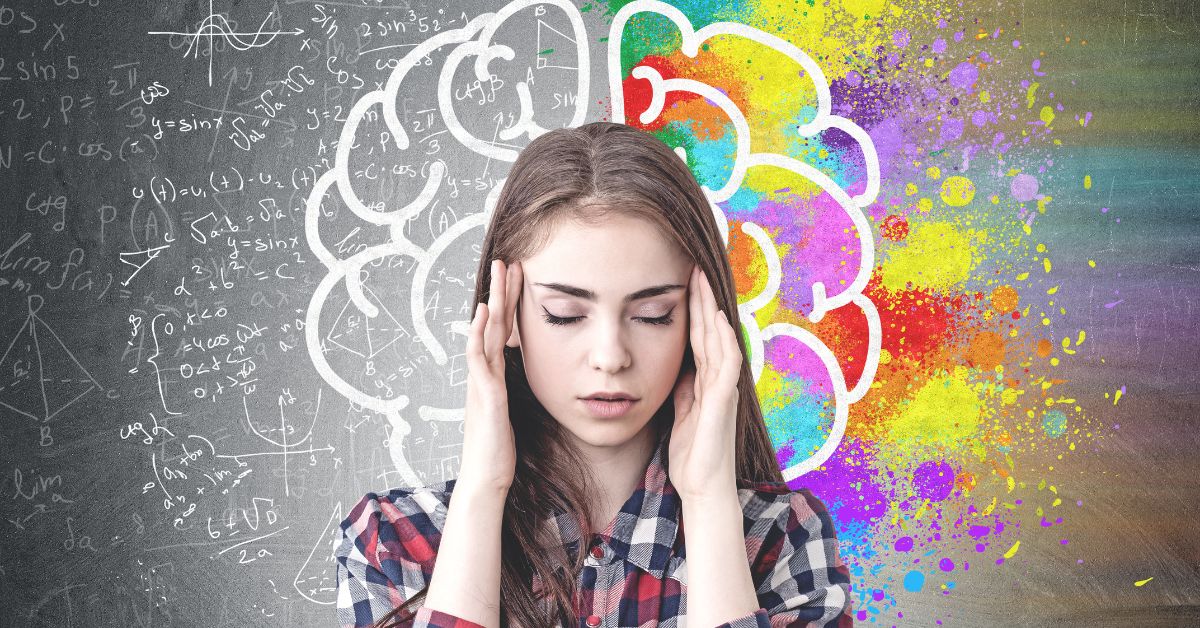 A teenager holding her head in front of a colorful brain, simbolyzing the effects of alcohol on the teen brain.